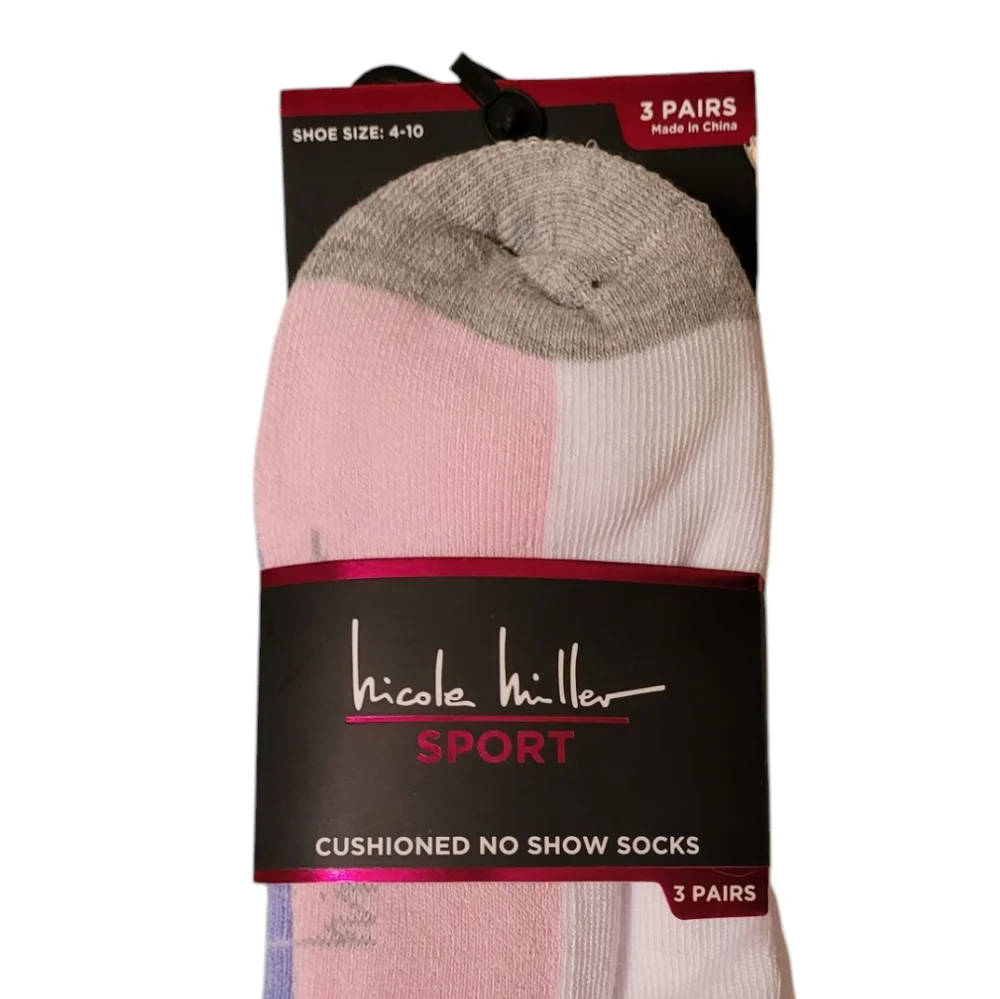 Nicole Miller No Show Socks Gray Purple Pink Black‎ Set of 3 NWT Size 4 - 10